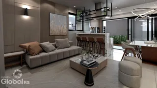 Sala de estar moderna com sofá e decoração contemporânea.