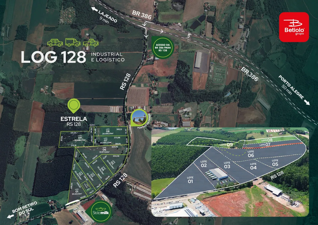 Mapa aéreo da propriedade LOG 128 em Lajeado, Brasil.