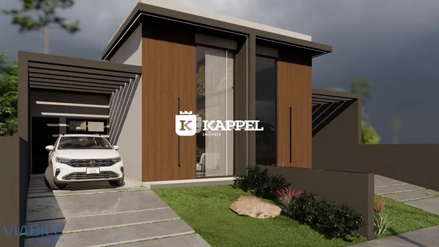 Fachada moderna de uma residência com garagem e jardim.