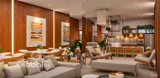 Sala de estar moderna com painéis de madeira e decoração contemporânea.