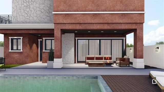 Fachada de uma casa moderna com piscina e área externa coberta.