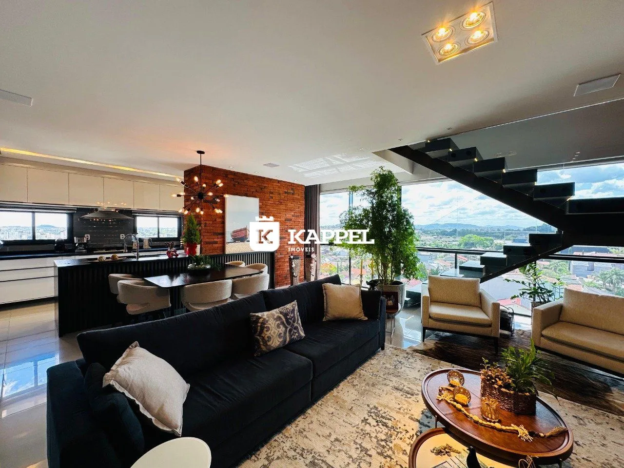 Sala de estar moderna com vista panorâmica para a paisagem urbana.