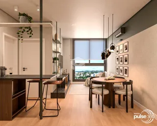 Ambiente moderno com piso de madeira clara e grande janela com vista.