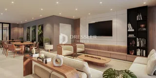 Sala de estar e jantar moderna com decoração em madeira.