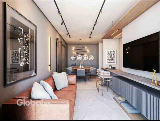 Sala de estar e jantar moderna com decoração contemporânea em um imóvel no Brasil.