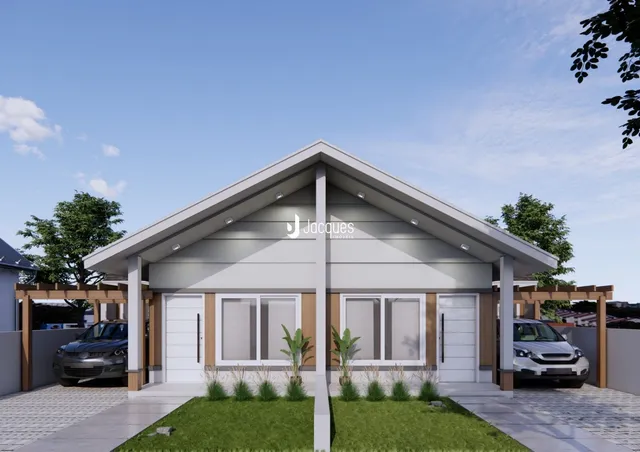 Fachada de uma casa moderna com garagem e área coberta em Lajeado.