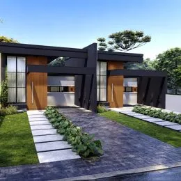Fachada moderna de uma residência com paisagismo em Lajeado, Brasil.