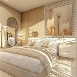 Quarto com cama grande e roupa de cama branca.