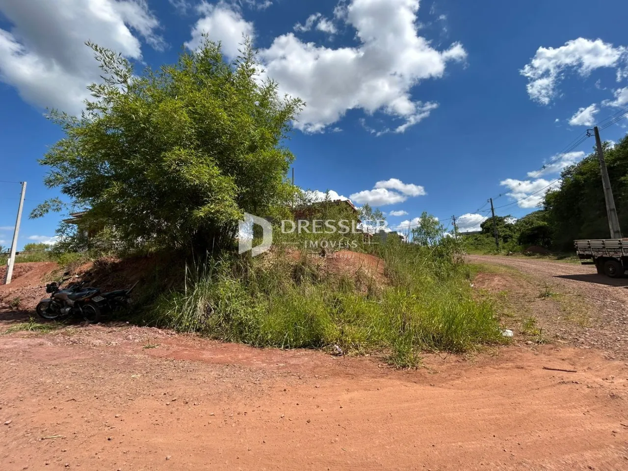 A foto mostra uma área de terra vermelha com vegetação densa e céu azul.