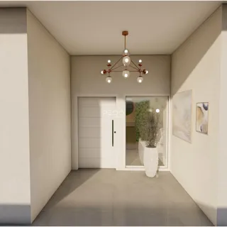 Hall de entrada com porta branca e porta de vidro.