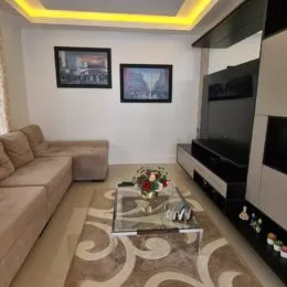 Sala de estar com sofá e decoração moderna.