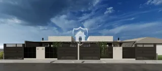 Vista da fachada de uma casa em Lajeado, Brasil, com garagem e portão.
