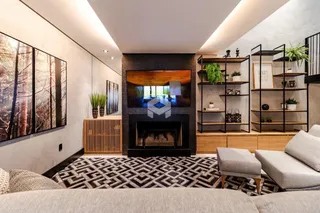 Sala de estar moderna com lareira e estantes de madeira.