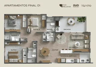 Planta baixa de um apartamento em Lajeado, Brasil, mostrando a disposição dos cômodos.