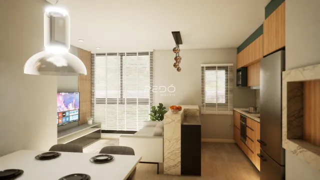 Sala de estar com acabamentos modernos e grandes janelas.