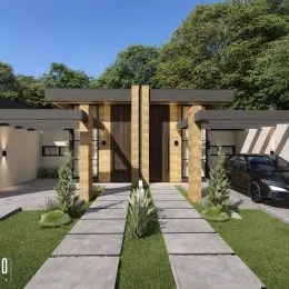 Fachada de uma residência com revestimento de madeira e paisagismo.