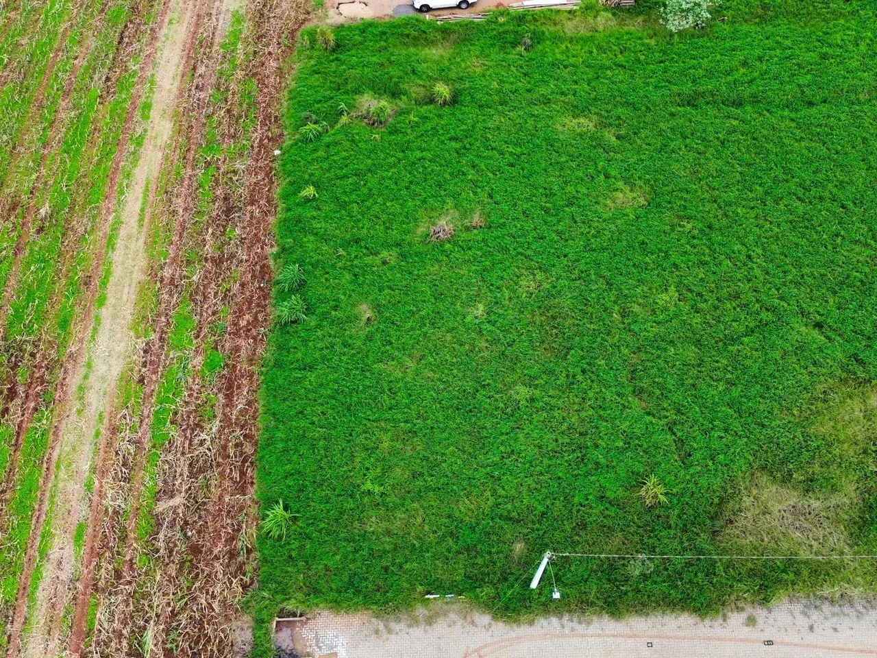 Vista aérea de um terreno com área de grama verde e terra arada.