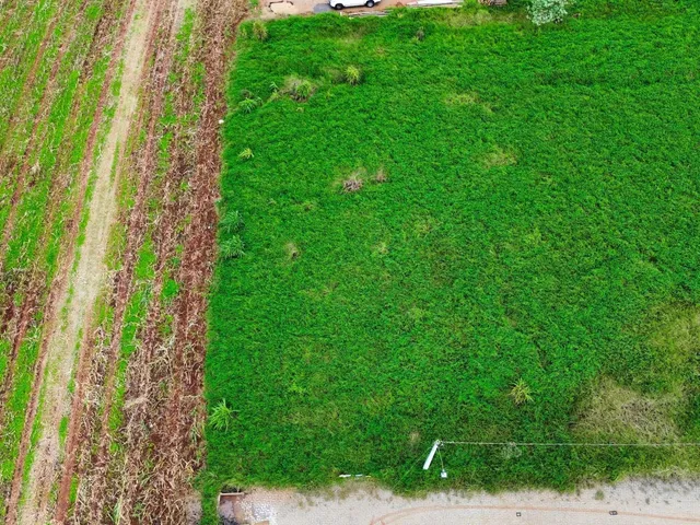 Vista aérea de um terreno com área de grama verde e terra arada.