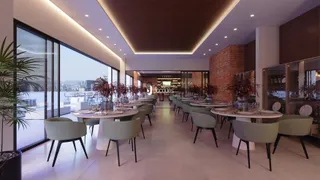 Vista de um ambiente interno moderno com mesas e cadeiras em um espaço amplo.