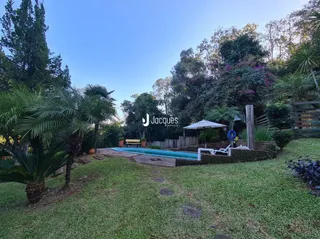 Vista externa de um jardim com piscina e vegetação.