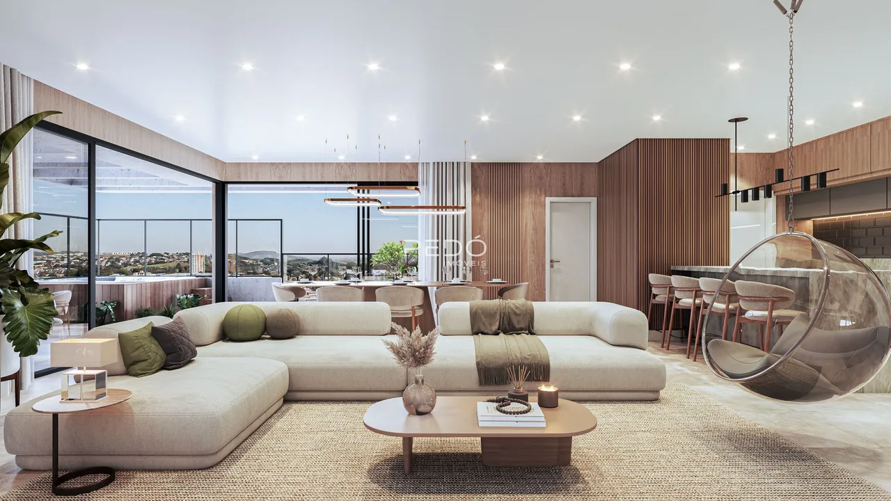 Sala de estar moderna com grandes janelas que oferecem uma vista panorâmica.