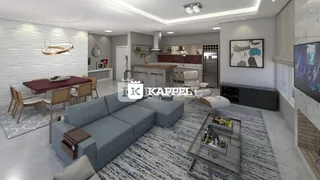 Sala de estar moderna com sofá grande e área de jantar integrada.