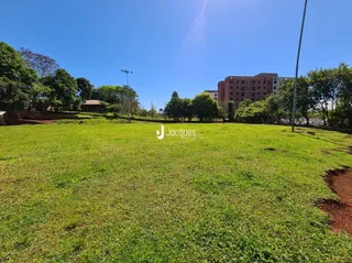 Vista aérea de um campo gramado com árvores ao fundo.