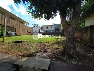 Vista externa mostrando um gramado e árvores em frente a residências.