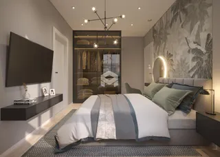 Quarto moderno com decoração de parede tropical.