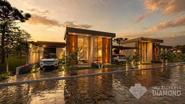 Fachada moderna de uma residência em Lajeado, Brasil, ao pôr do sol.