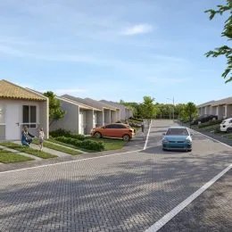 Vista externa de uma rua residencial com casas em Lajeado, Brasil.