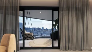 A sala de estar tem vista para a paisagem da cidade através de grandes portas de vidro.