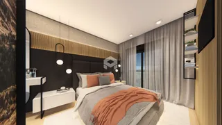 Quarto moderno com cama e decoração elegante.