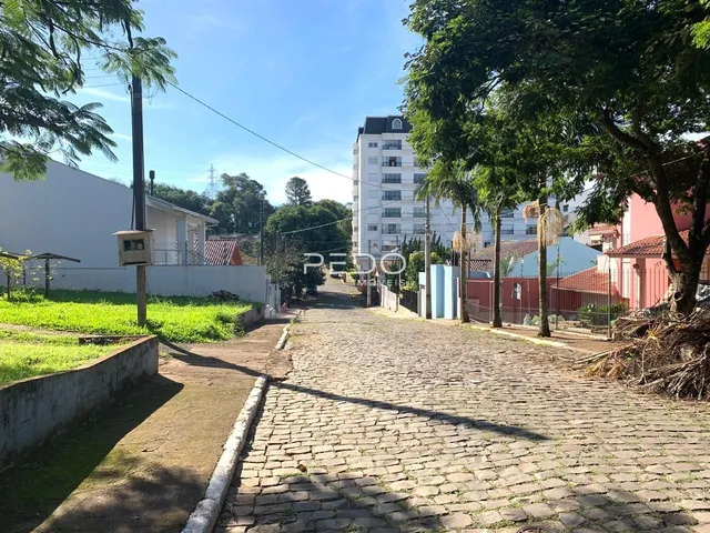 Vista da rua de paralelepípedos em Lajeado, Brasil, com árvores e casas ao fundo.
