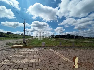Vista da fachada da propriedade com pavimento e área gramada.