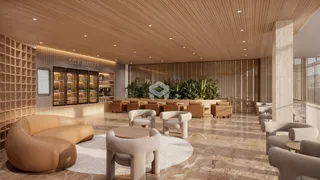 Ambiente interno moderno com painéis de madeira e mobiliário claro.