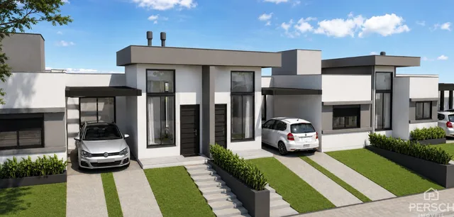 Fachada de uma residência moderna com jardim e garagem em Lajeado, Brasil.