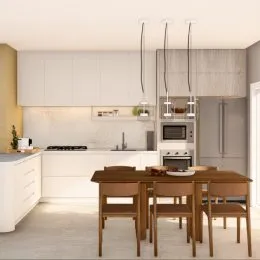 Cozinha moderna com armários brancos e bancada clara.