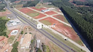 Vista aérea de um terreno com trilhos de trem e vegetação densa.