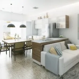 Foto de uma área comum com sala de jantar e cozinha moderna.