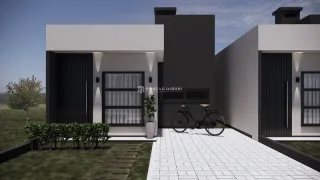 Fachada externa de uma casa moderna em Lajeado, Brasil, com revestimento branco e detalhes escuros.