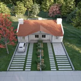 Fachada de uma casa residencial com telhado de telhas vermelhas e jardim na frente.