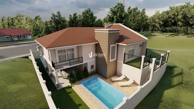 Fachada de uma casa residencial em Lajeado, Brasil, com telhado de telhas e área de lazer.