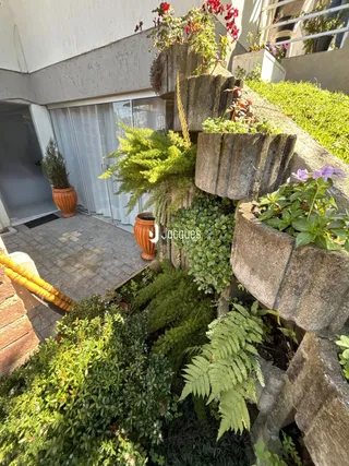 Vista de um jardim com muros de contenção e plantas em Lajeado, Brasil.
