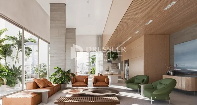 Sala de estar moderna com grandes janelas e piso claro.