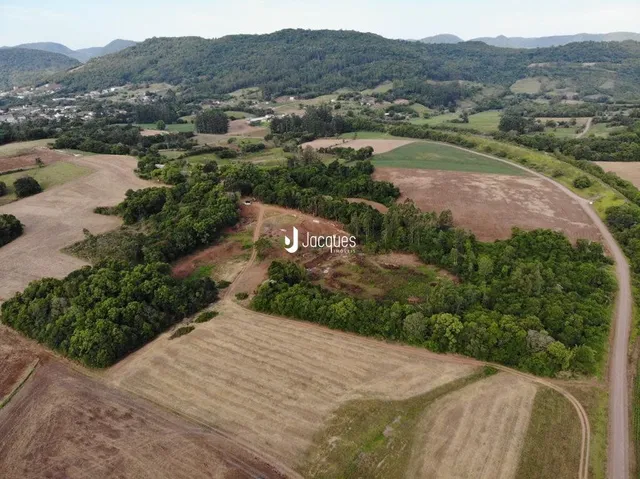 Vista aérea de terras agrícolas e vegetação na região de Lajeado.