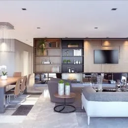 Sala de estar moderna com sofá e painel de TV em um ambiente claro.