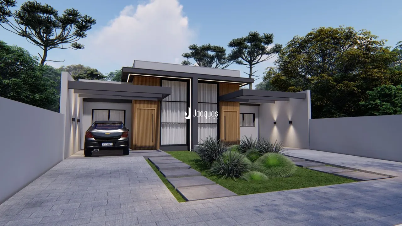 Fachada moderna de uma residência em Lajeado, Brasil, com garagem e jardim.