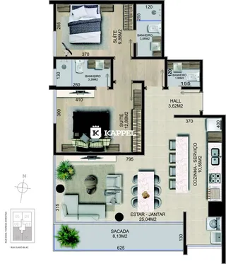 Planta baixa de um apartamento mostrando a disposição dos cômodos em Lajeado.