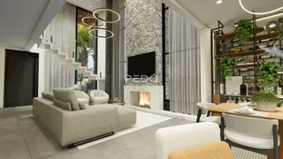 Sala de estar moderna com lareira e grandes janelas em um imóvel.